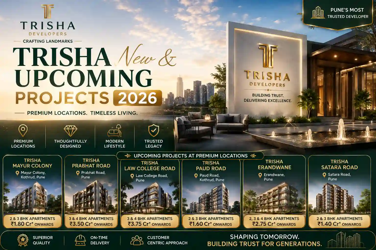 Trisha new luxury apartments and premium residences banner showcasing upcoming projects in Pune